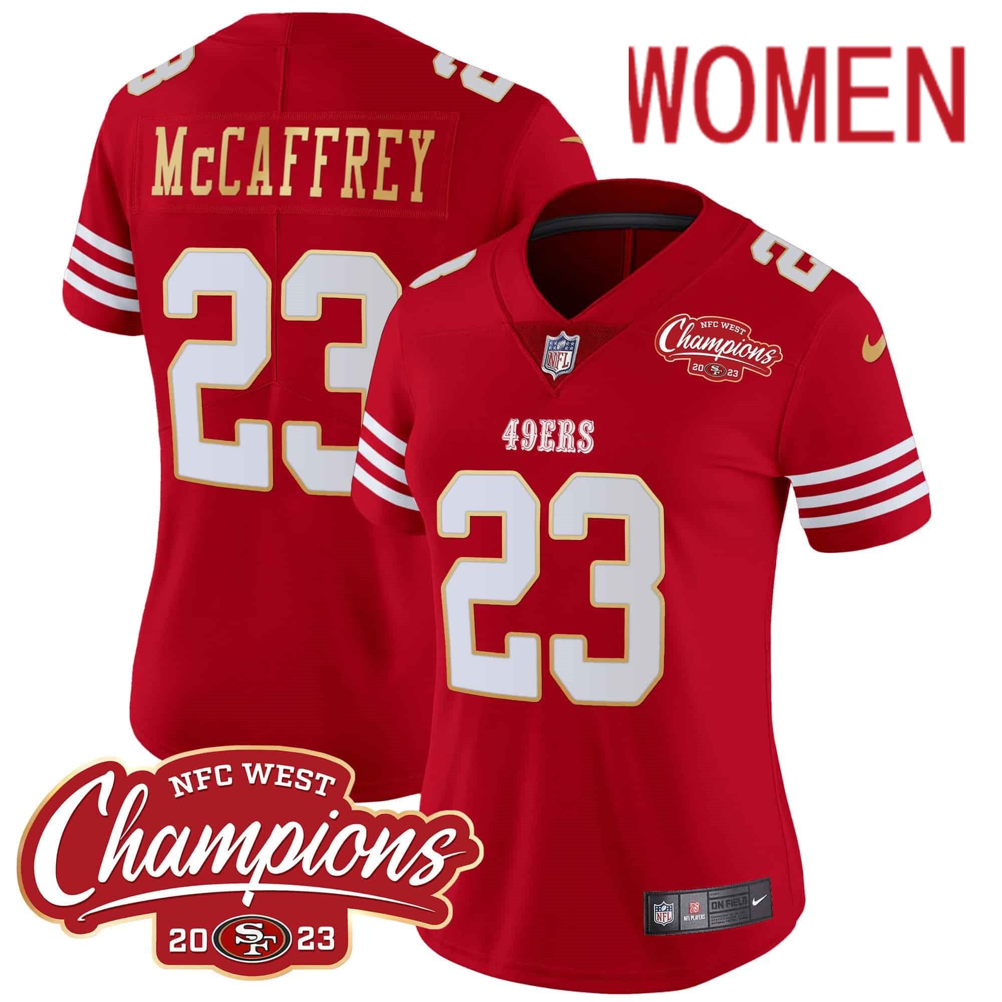 Women San Francisco 49ers 23 Mccaffrey Red 2024 Nike NFC West Champions Gold Trim Vapor NFL Jersey style 1